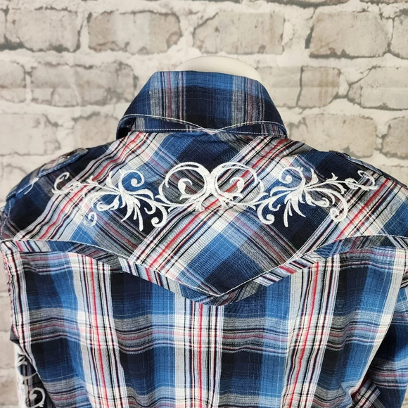 Panhandle Slim Plaid Pearl Snap Shirt Embroidered Blue Red Size Medium - Picture 14 of 16